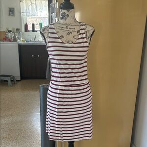 H&M White & Burgundy Striped Sleeveless Mini Dress